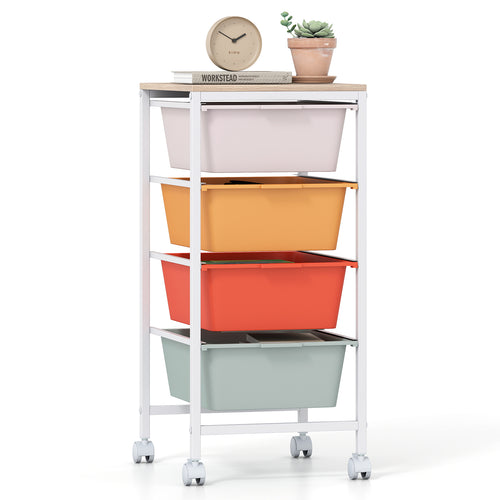 4-Drawer Rolling Storage Cart, Wooden Tabletop, Lockable Wheels, Macaron