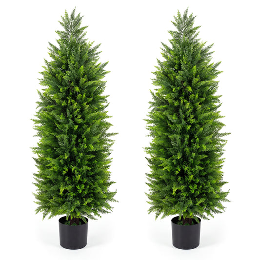 4 FT Artificial Topiary Tree Set, 2 Faux Cedar Cypress Plants, Cement-Filled Pots, Green Faux Plants Green at Gallery Canada
