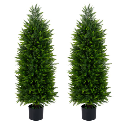 4 FT Artificial Topiary Tree Set, 2 Faux Cedar Cypress Plants, Cement-Filled Pots, Green Faux Plants Green at Gallery Canada