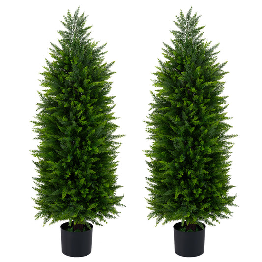 4 FT Artificial Topiary Tree Set, 2 Faux Cedar Cypress Plants, Cement-Filled Pots, Green Faux Plants Green at Gallery Canada