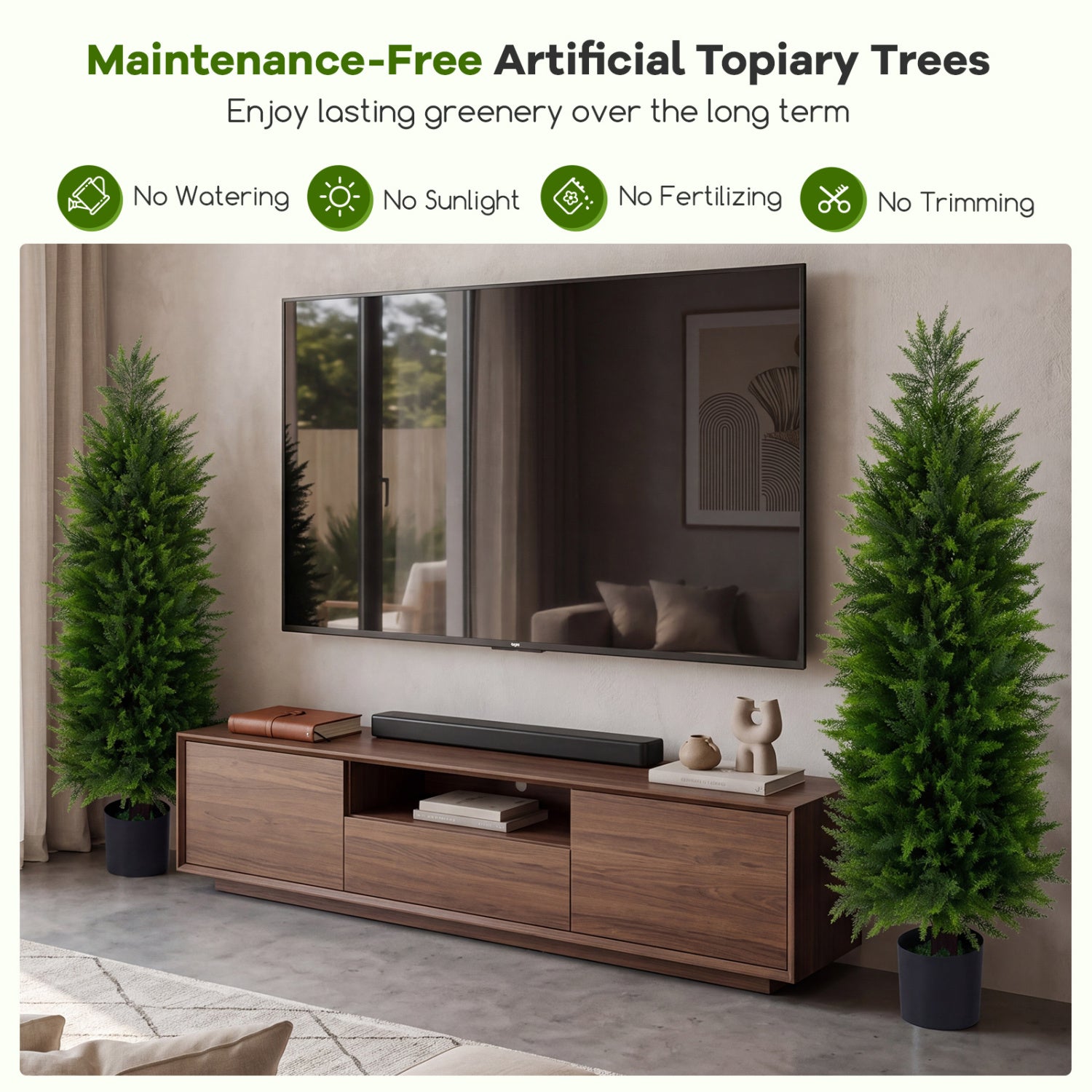 4 FT Artificial Topiary Tree Set, 2 Faux Cedar Cypress Plants, Cement-Filled Pots, Green Faux Plants at Gallery Canada
