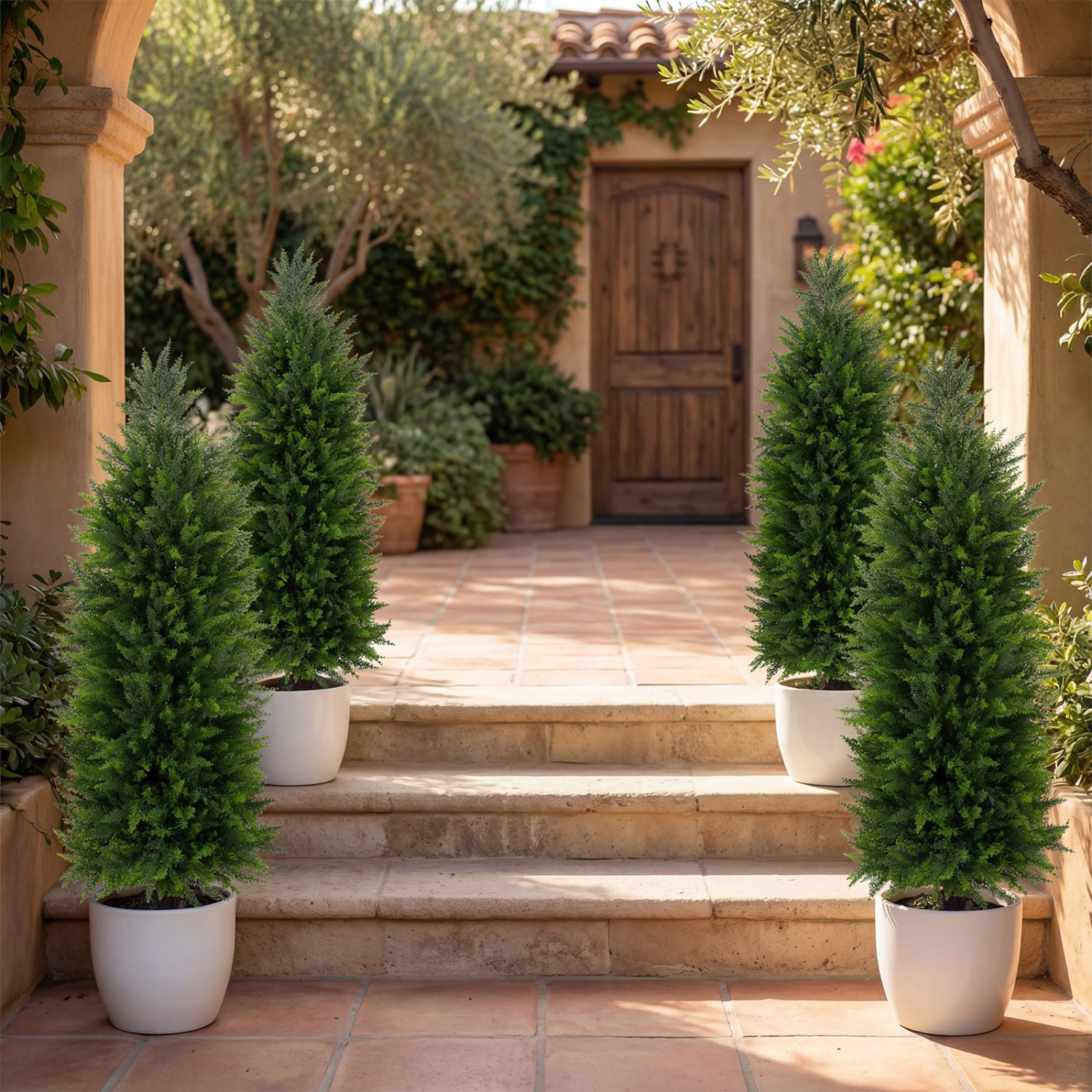 4 FT Artificial Topiary Tree Set, 2 Faux Cedar Cypress Plants, Cement-Filled Pots, Green Faux Plants at Gallery Canada