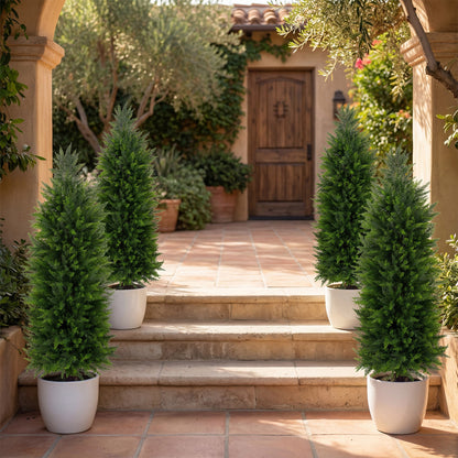4 FT Artificial Topiary Tree Set, 2 Faux Cedar Cypress Plants, Cement-Filled Pots, Green Faux Plants at Gallery Canada