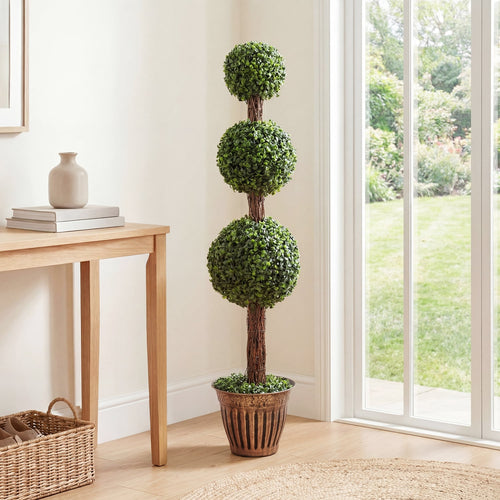 4 FT Artificial Triple Ball Boxwood Tree, Cement Planter, Green