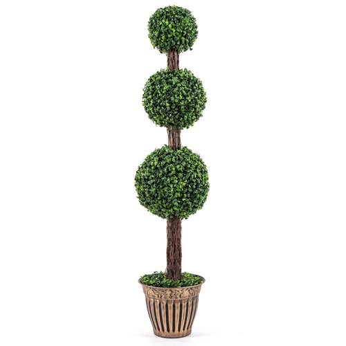 4 FT Artificial Triple Ball Boxwood Tree, Cement Planter, Green