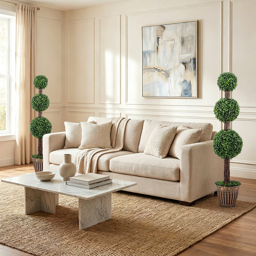 4 FT Artificial Triple Ball Boxwood Tree, Cement Planter Set of 2, Green