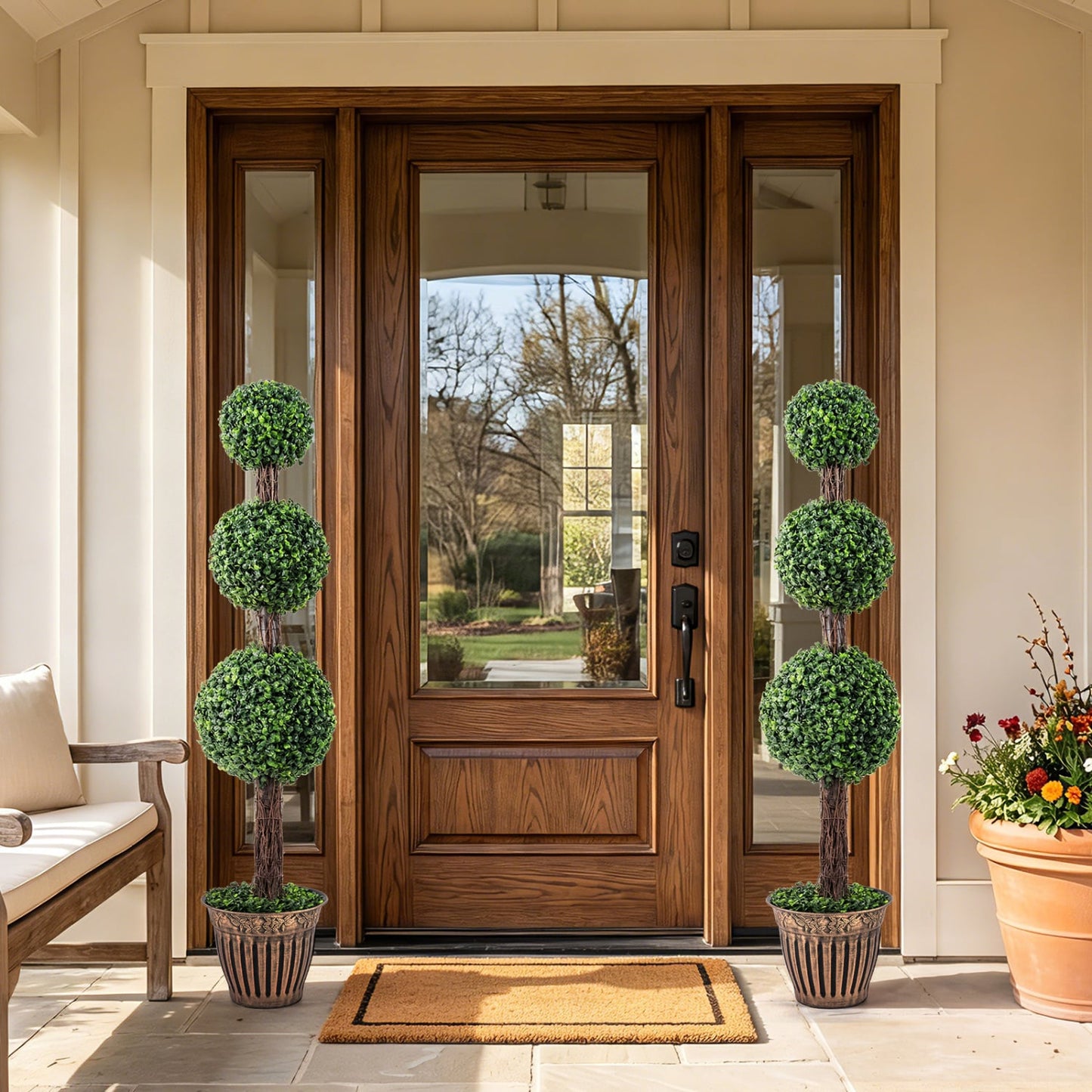 4 FT Artificial Triple Ball Boxwood Tree, Cement Planter Set of 2, Green Faux Plants at Gallery Canada