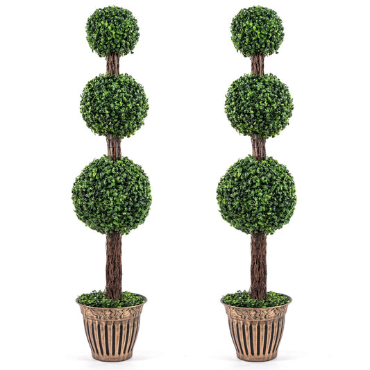 4 FT Artificial Triple Ball Boxwood Tree, Cement Planter Set of 2, Green Faux Plants Green at Gallery Canada
