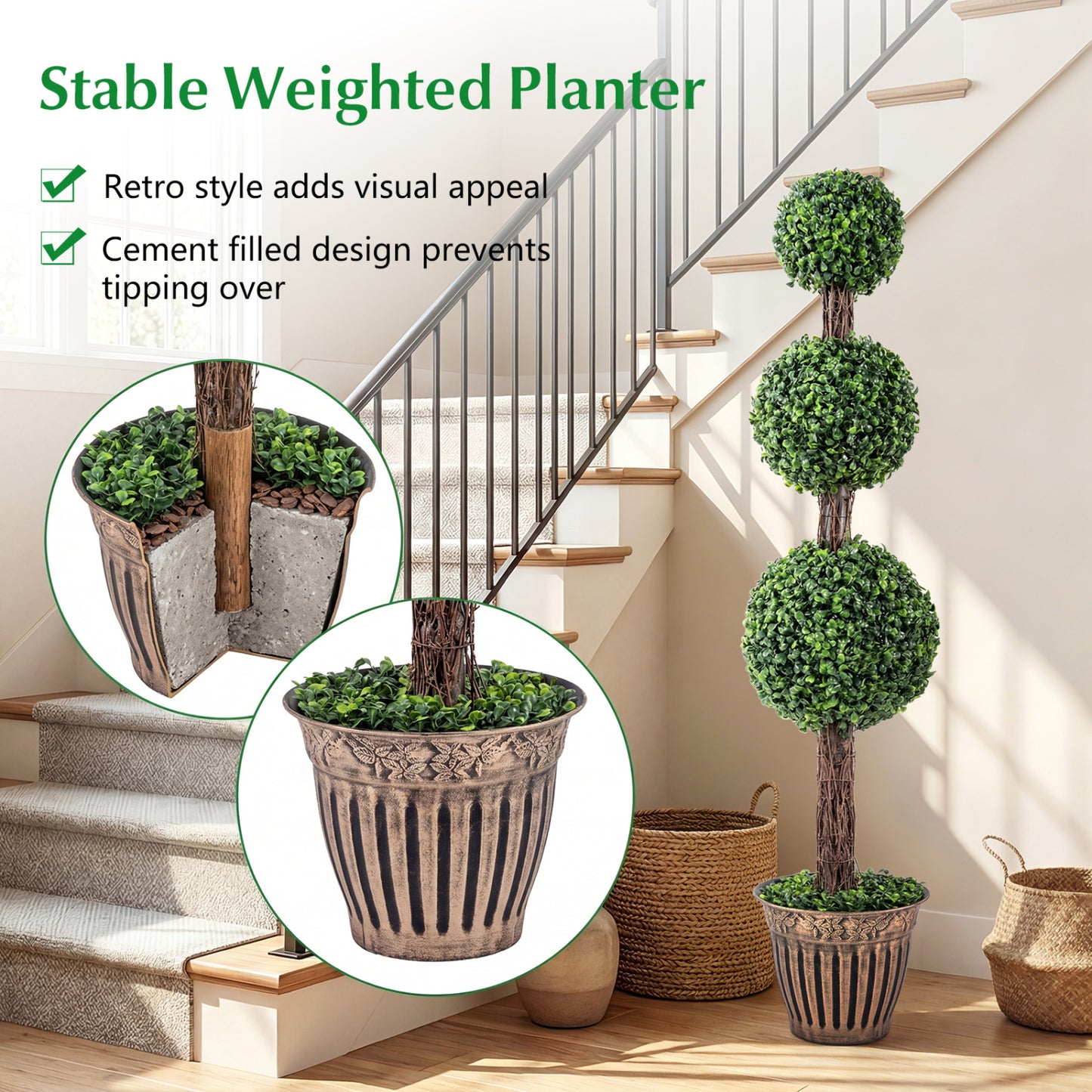 4 FT Artificial Triple Ball Boxwood Tree, Cement Planter Set of 2, Green Faux Plants at Gallery Canada