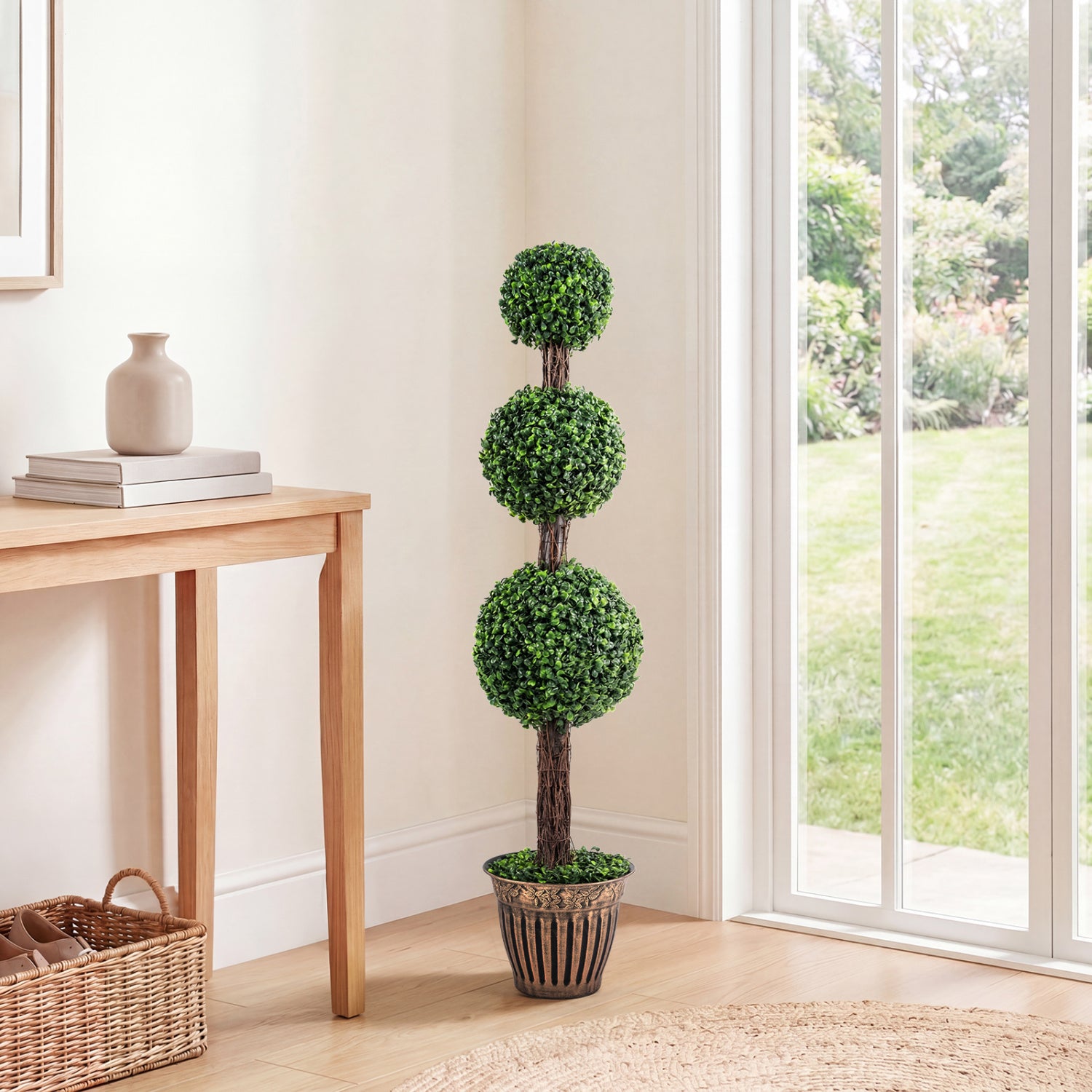 4 FT Artificial Triple Ball Boxwood Tree, Cement Planter, Green Faux Plants Green at Gallery Canada