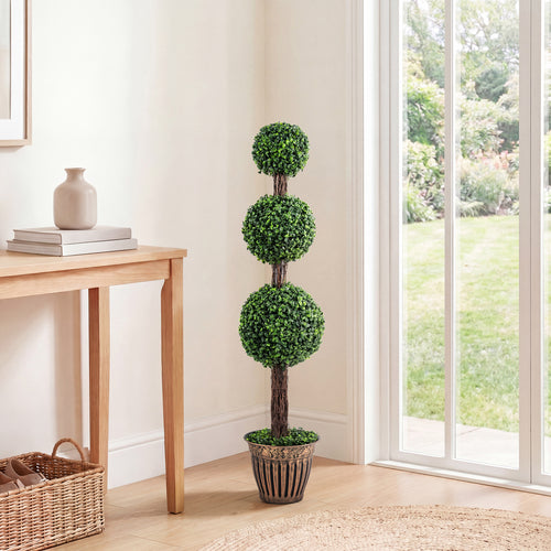 4 FT Artificial Triple Ball Boxwood Tree, Cement Planter, Green