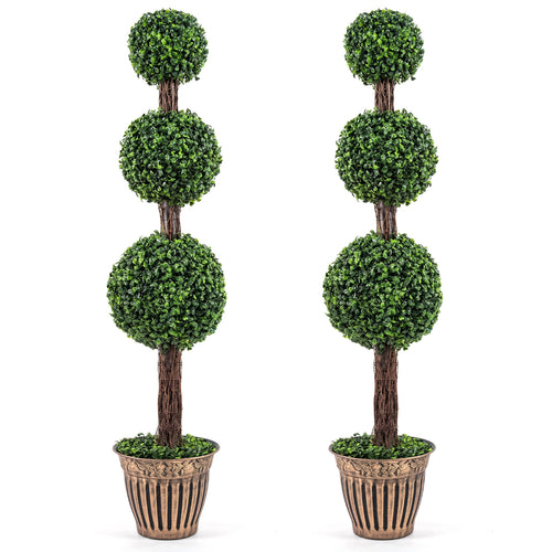4 FT Artificial Triple Ball Boxwood Tree, Cement Planter Set of 2, Green