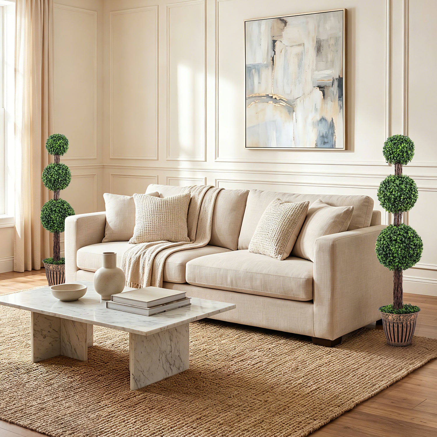 4 FT Artificial Triple Ball Boxwood Tree, Cement Planter Set of 2, Green Faux Plants at Gallery Canada