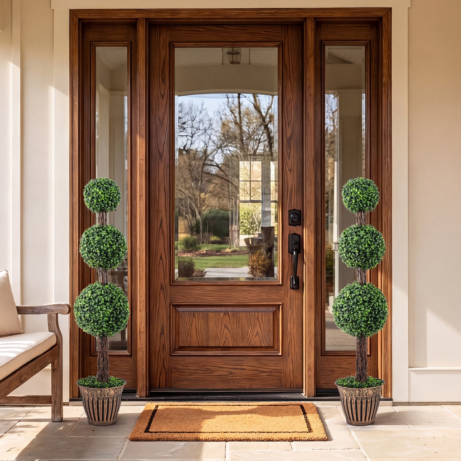 4 FT Artificial Triple Ball Boxwood Tree, Cement Planter Set of 2, Green Faux Plants at Gallery Canada