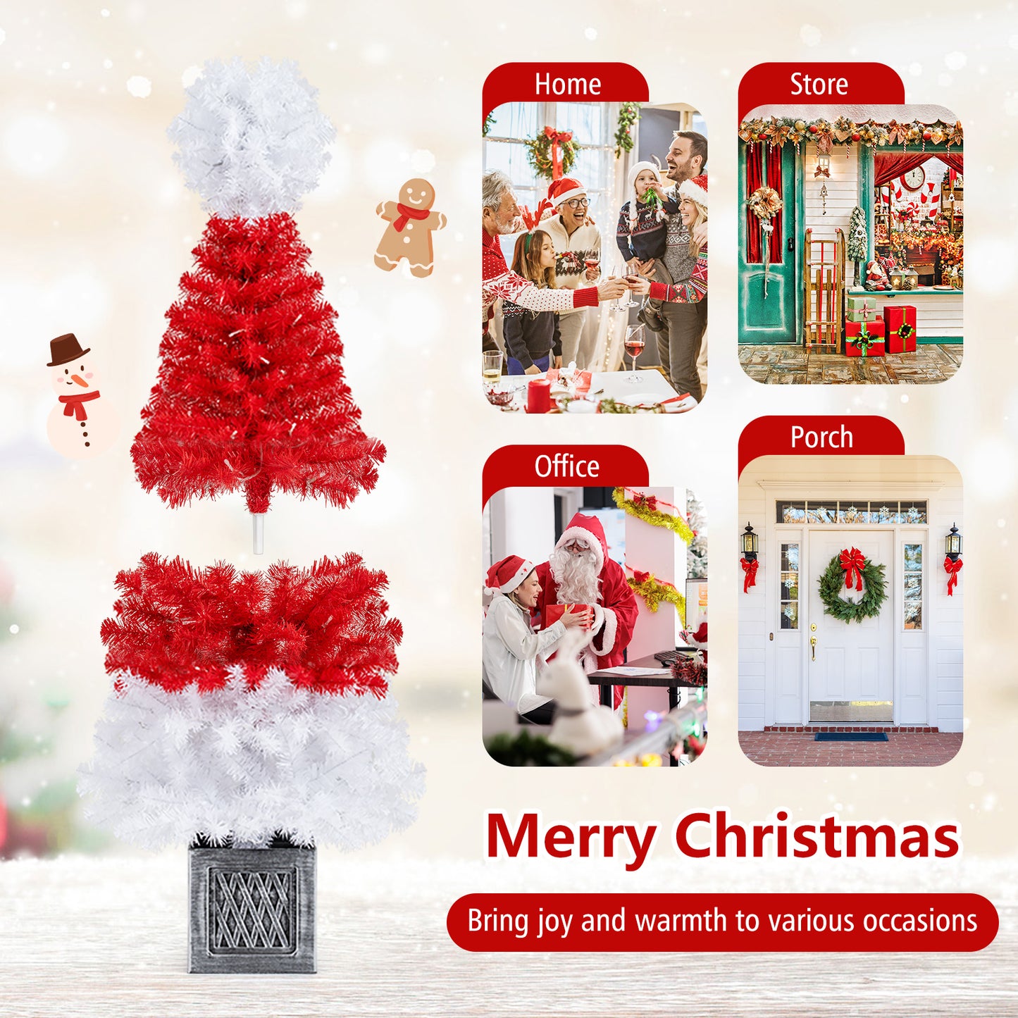 4 Feet Artificial Christmas Tree with 300 Branch Tips and 100 Warm White LED Lights, Red