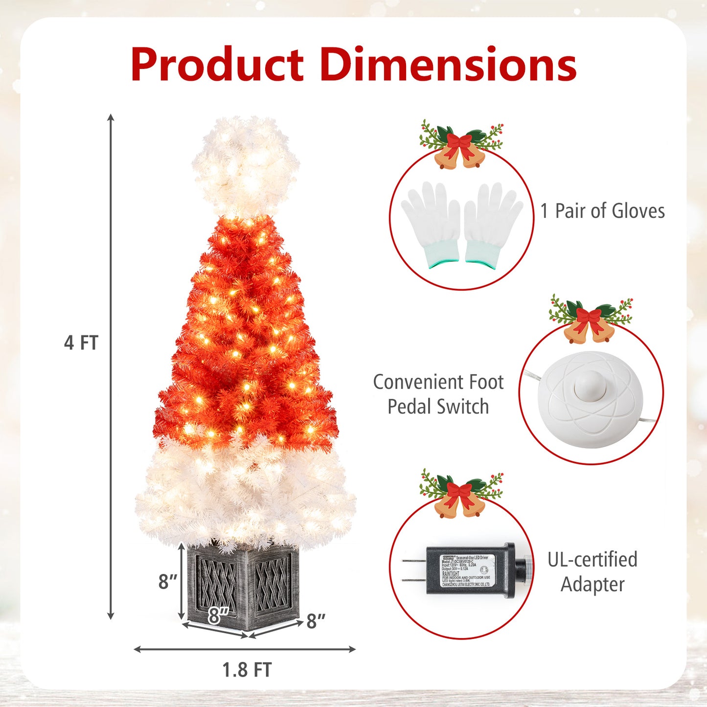 4 Feet Artificial Christmas Tree with 300 Branch Tips and 100 Warm White LED Lights, Red