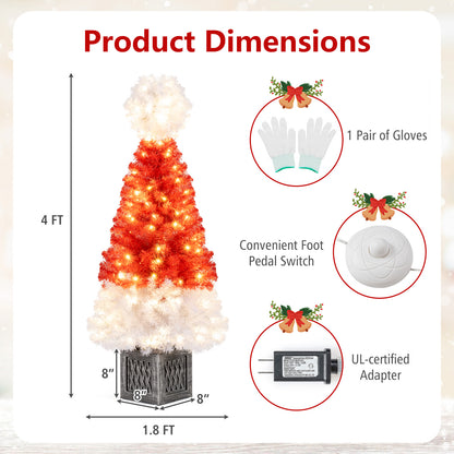 4 Feet Artificial Christmas Tree with 300 Branch Tips and 100 Warm White LED Lights, Red