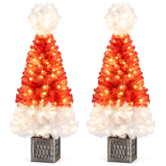 4 Feet Artificial Christmas Tree with 300 Branch Tips and 100 Warm White LED Lights, Red
