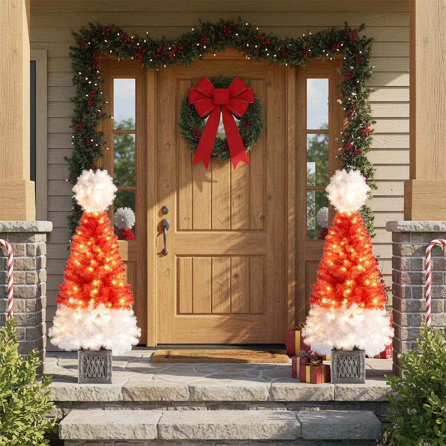 4 Feet Artificial Christmas Tree with 300 Branch Tips and 100 Warm White LED Lights, Red