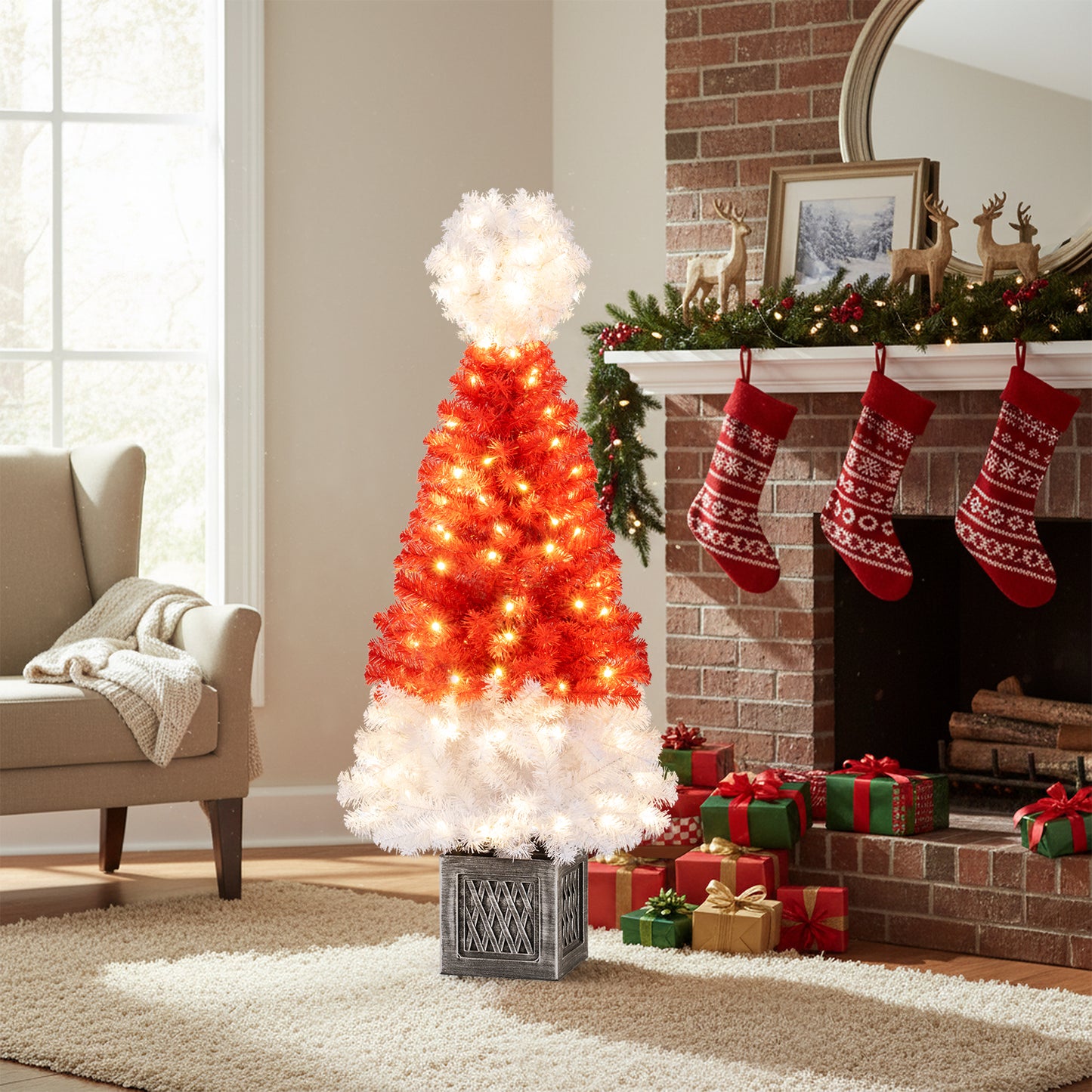 4 Feet Artificial Christmas Tree with 300 Branch Tips and 100 Warm White LED Lights, Red