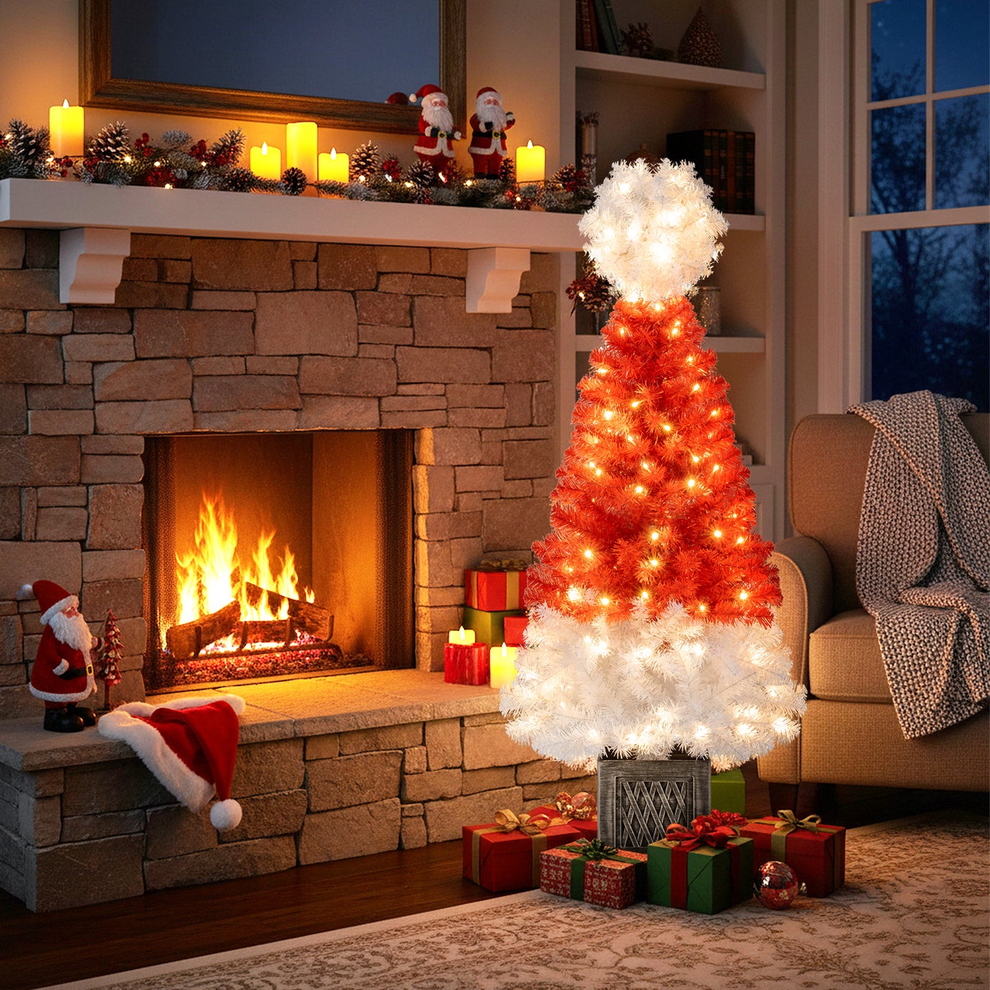 4 Feet Artificial Christmas Tree with 300 Branch Tips and 100 Warm White LED Lights, Red