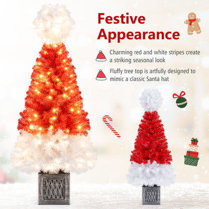4 Feet Artificial Christmas Tree with 300 Branch Tips and 100 Warm White LED Lights, Red