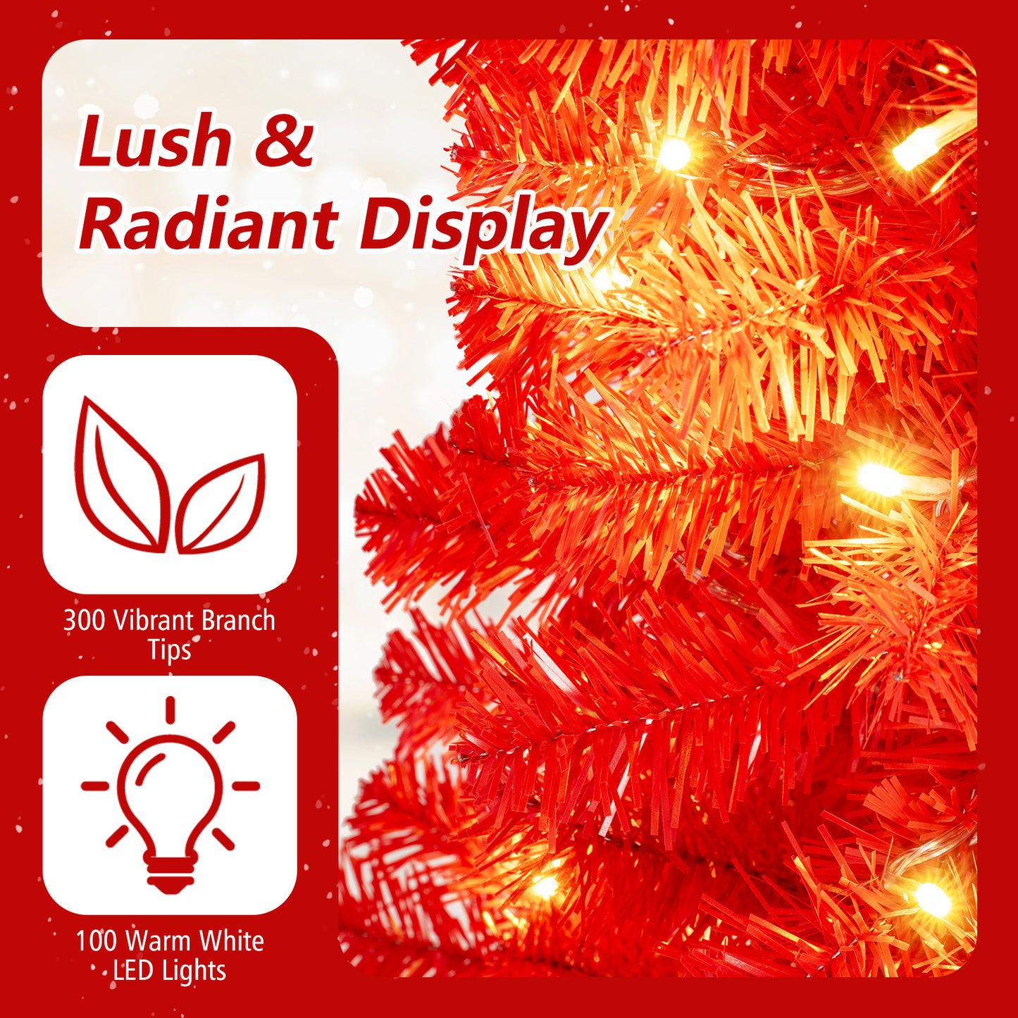 4 Feet Artificial Christmas Tree with 300 Branch Tips and 100 Warm White LED Lights, Red