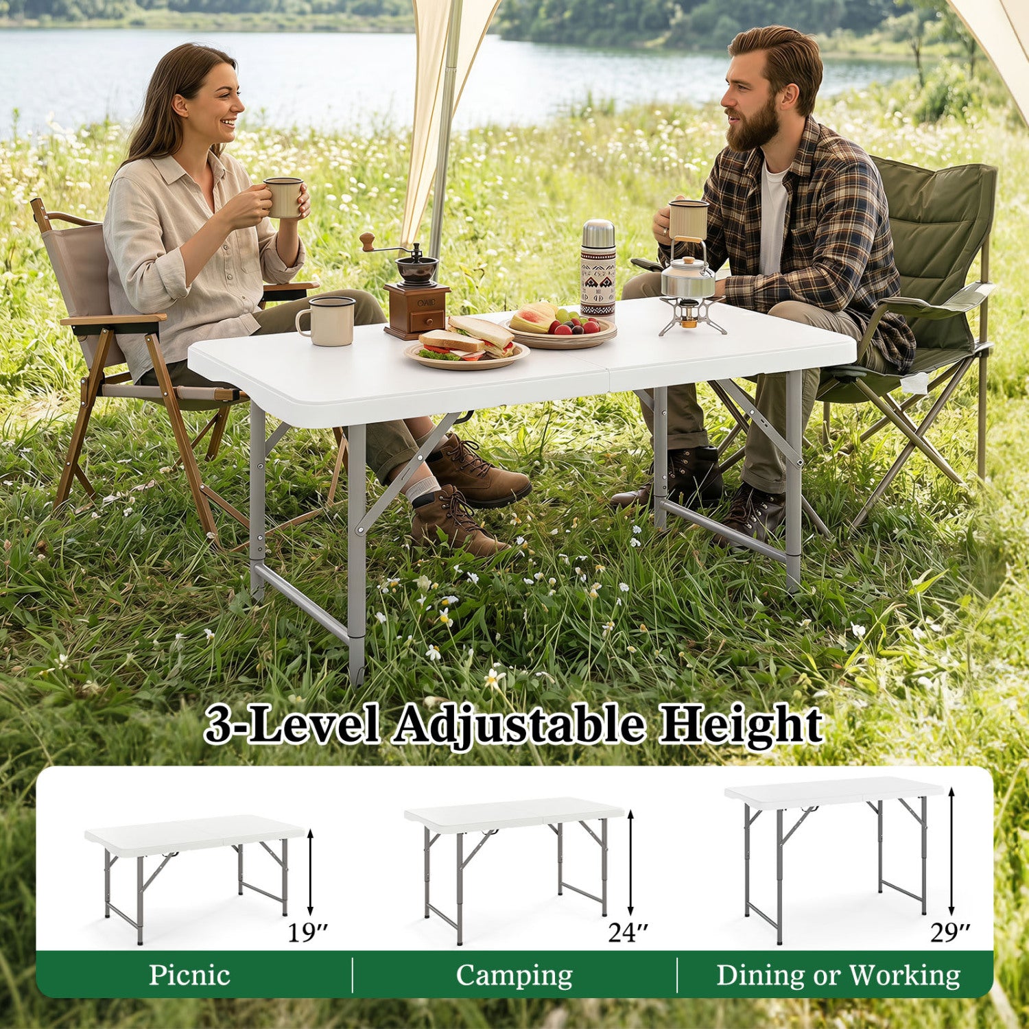 4 Feet Portable Camping Table, HDPE Tabletop, Metal Legs, White Camping Furniture at Gallery Canada