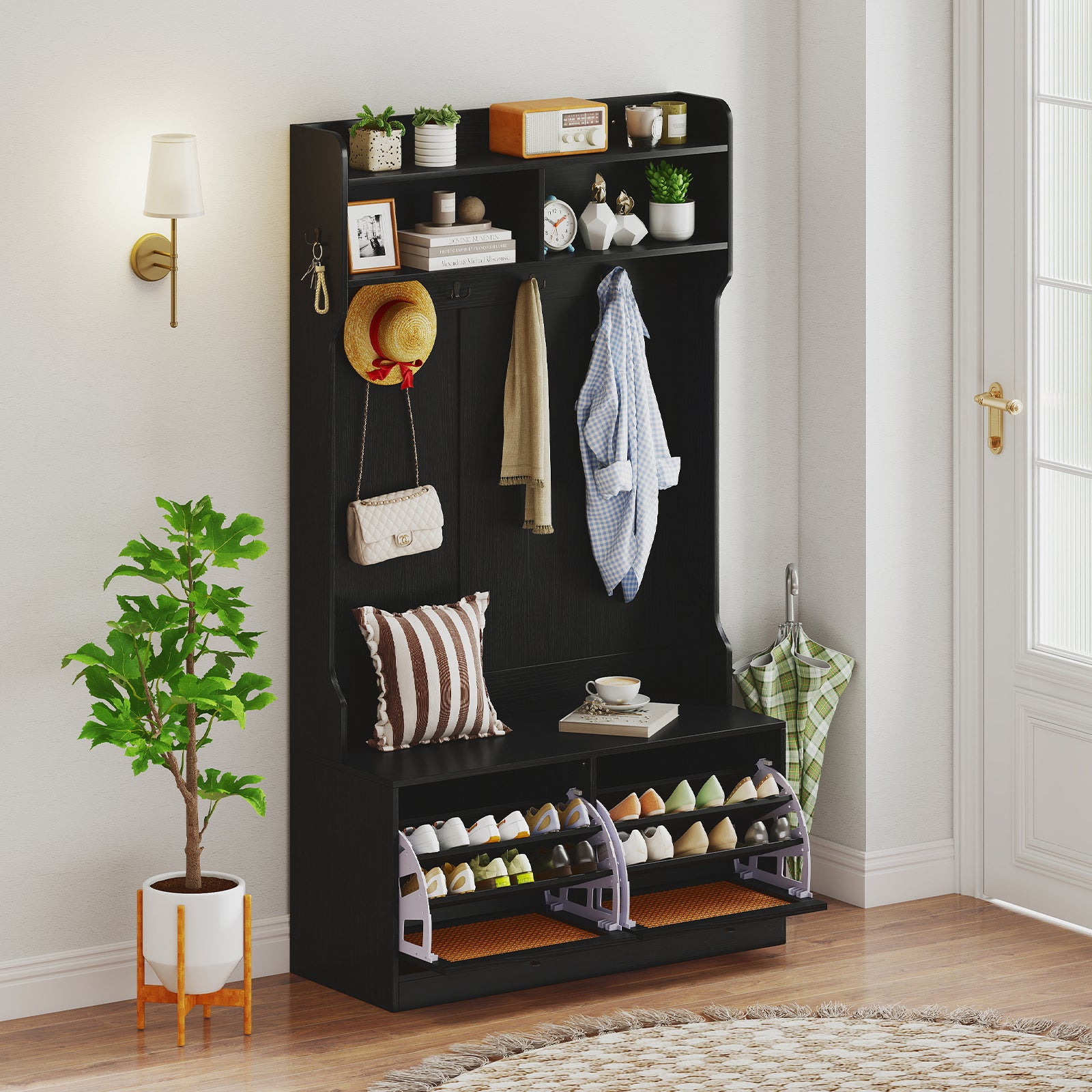 4-In-1 Hall Tree with Coat Rack and Flip Drawers for Entryway Mudroom, Black Coat Racks & Hall Trees at Gallery Canada