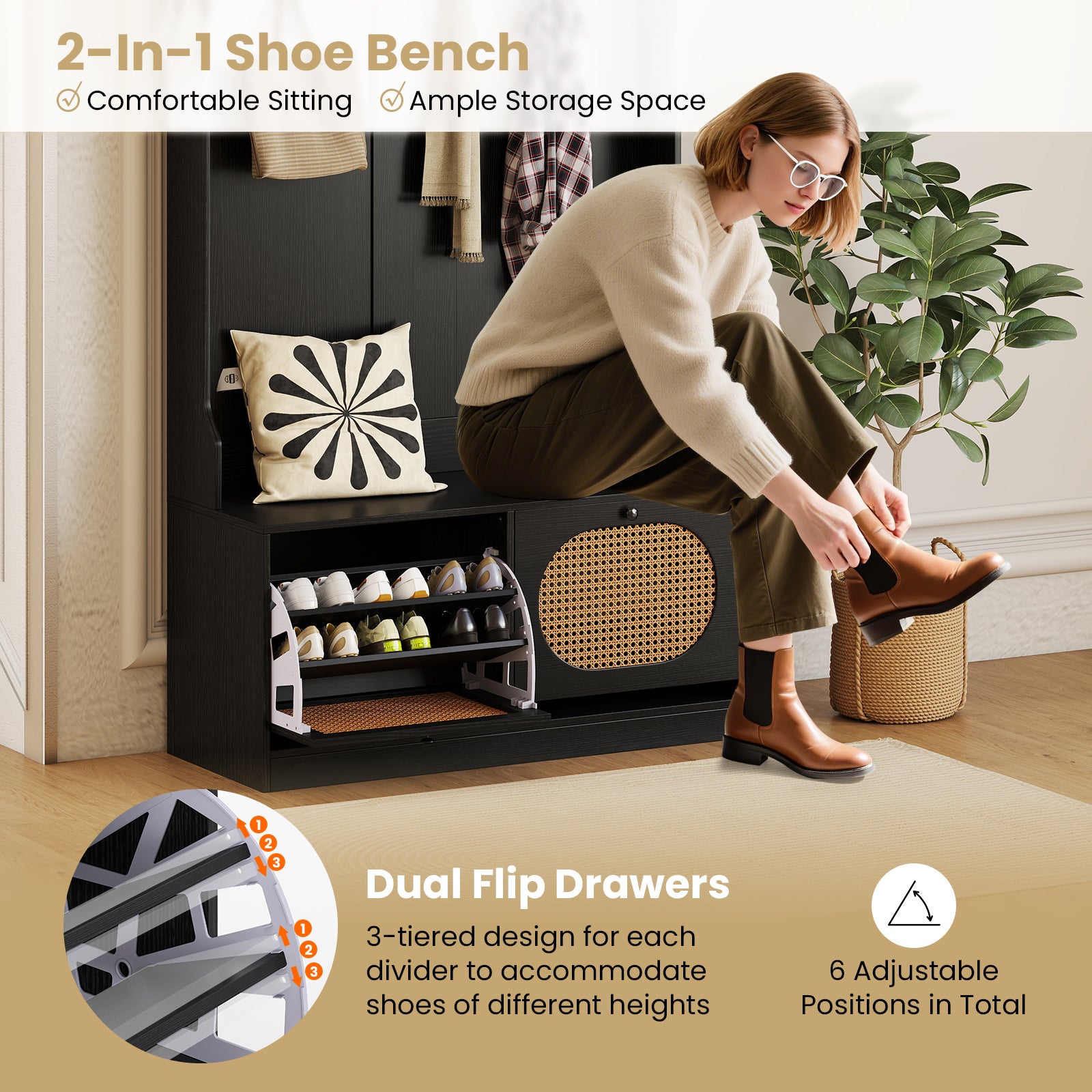 4-In-1 Hall Tree with Coat Rack and Flip Drawers for Entryway Mudroom, Black Coat Racks & Hall Trees at Gallery Canada