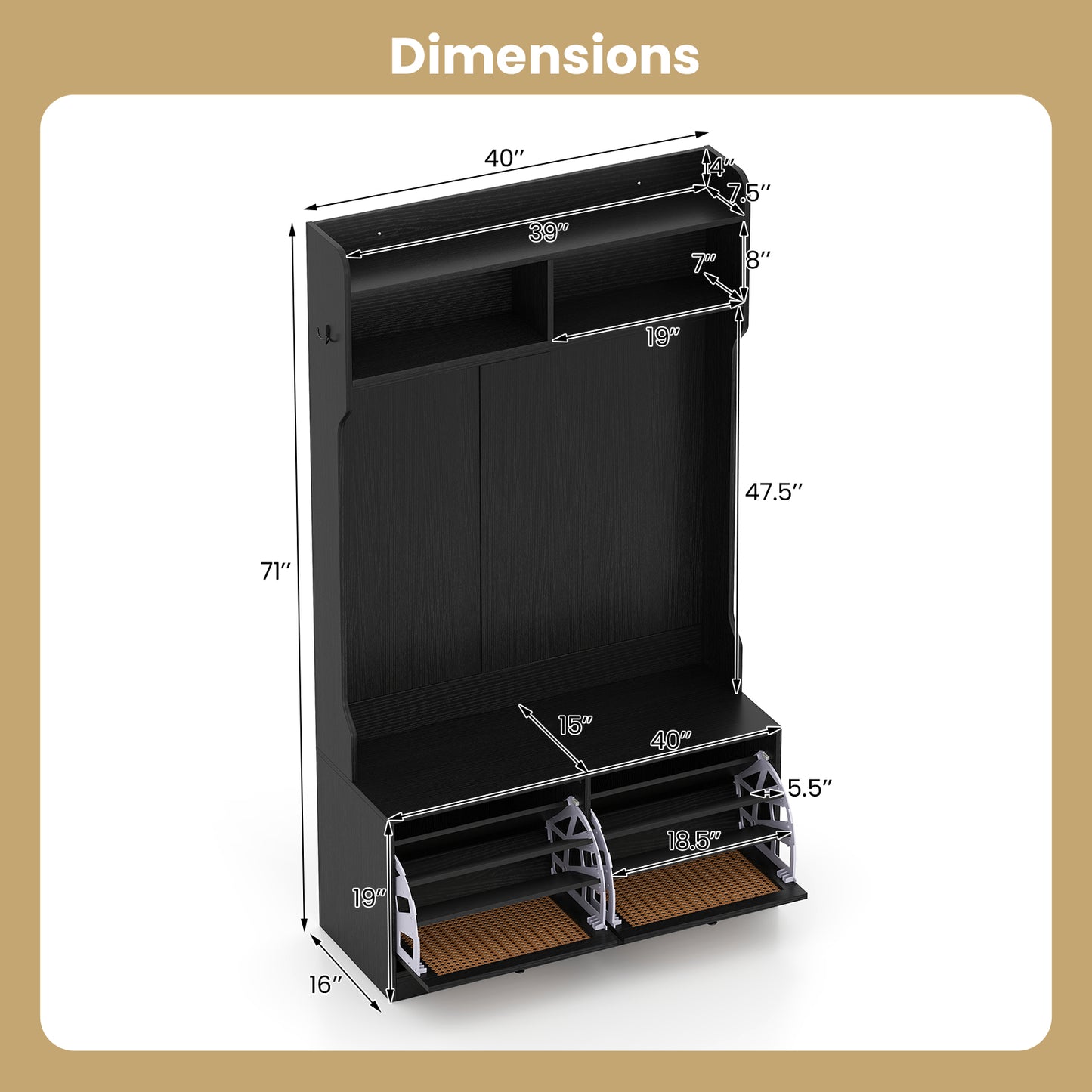 4-In-1 Hall Tree with Coat Rack and Flip Drawers for Entryway Mudroom, Black Coat Racks & Hall Trees at Gallery Canada