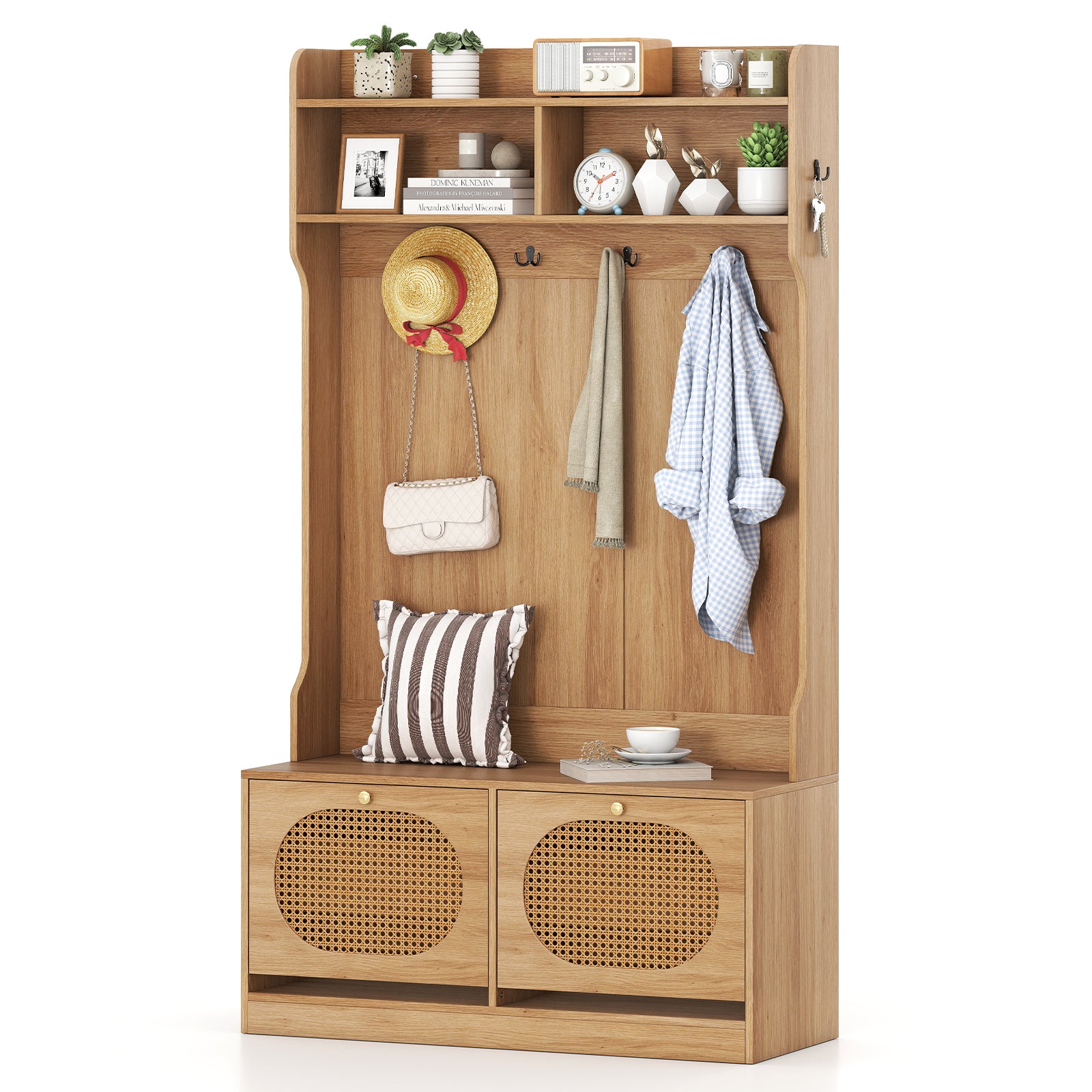 4-In-1 Hall Tree with Coat Rack and Flip Drawers for Entryway Mudroom, Natural Coat Racks & Hall Trees at Gallery Canada