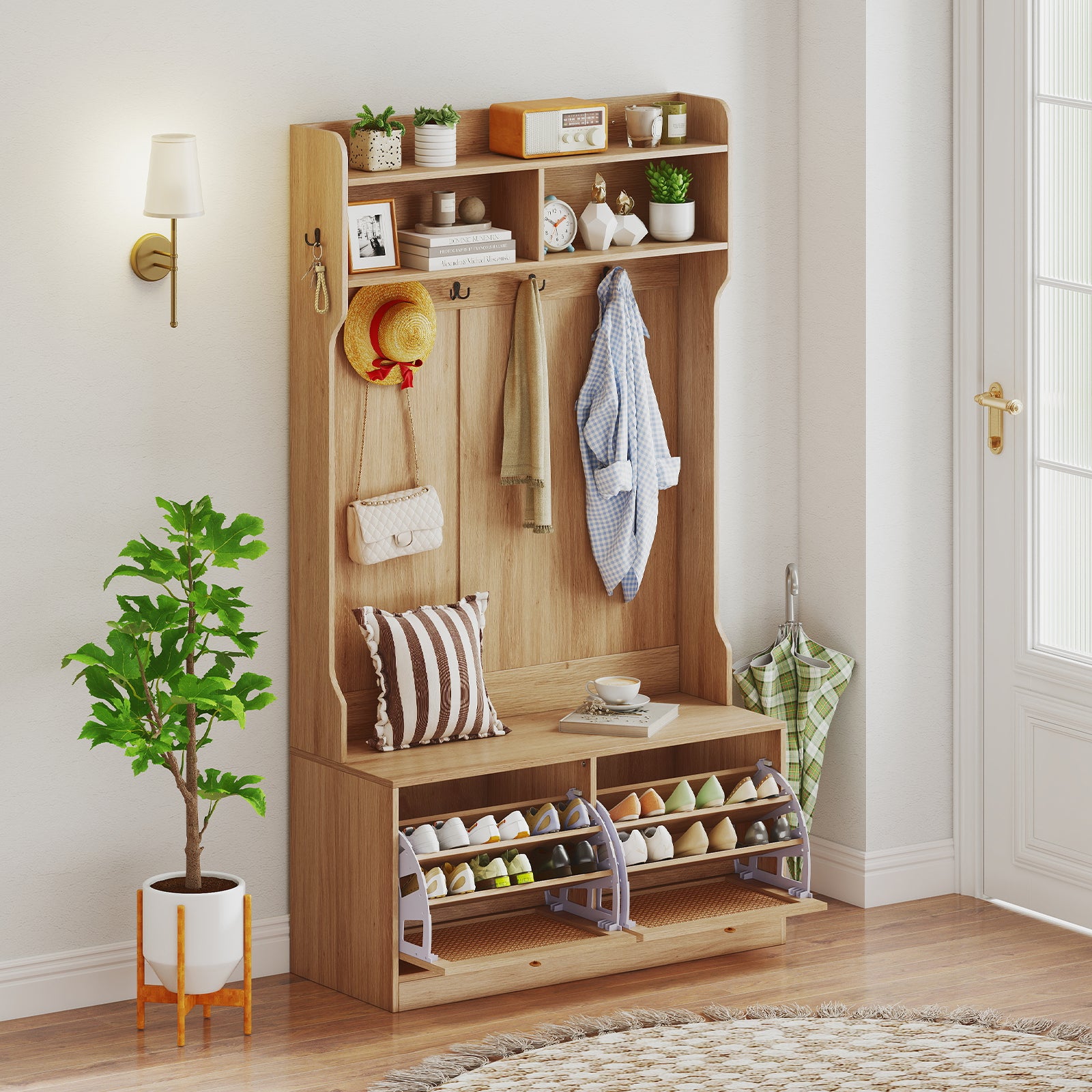 4-In-1 Hall Tree with Coat Rack and Flip Drawers for Entryway Mudroom, Natural Coat Racks & Hall Trees at Gallery Canada
