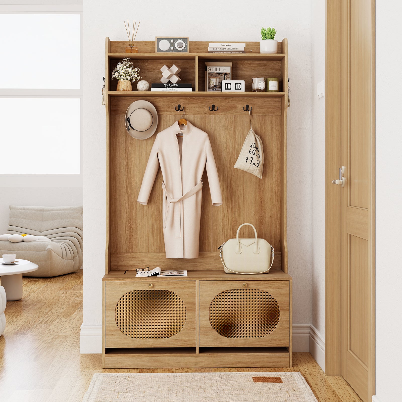 4-In-1 Hall Tree with Coat Rack and Flip Drawers for Entryway Mudroom, Natural Coat Racks & Hall Trees at Gallery Canada
