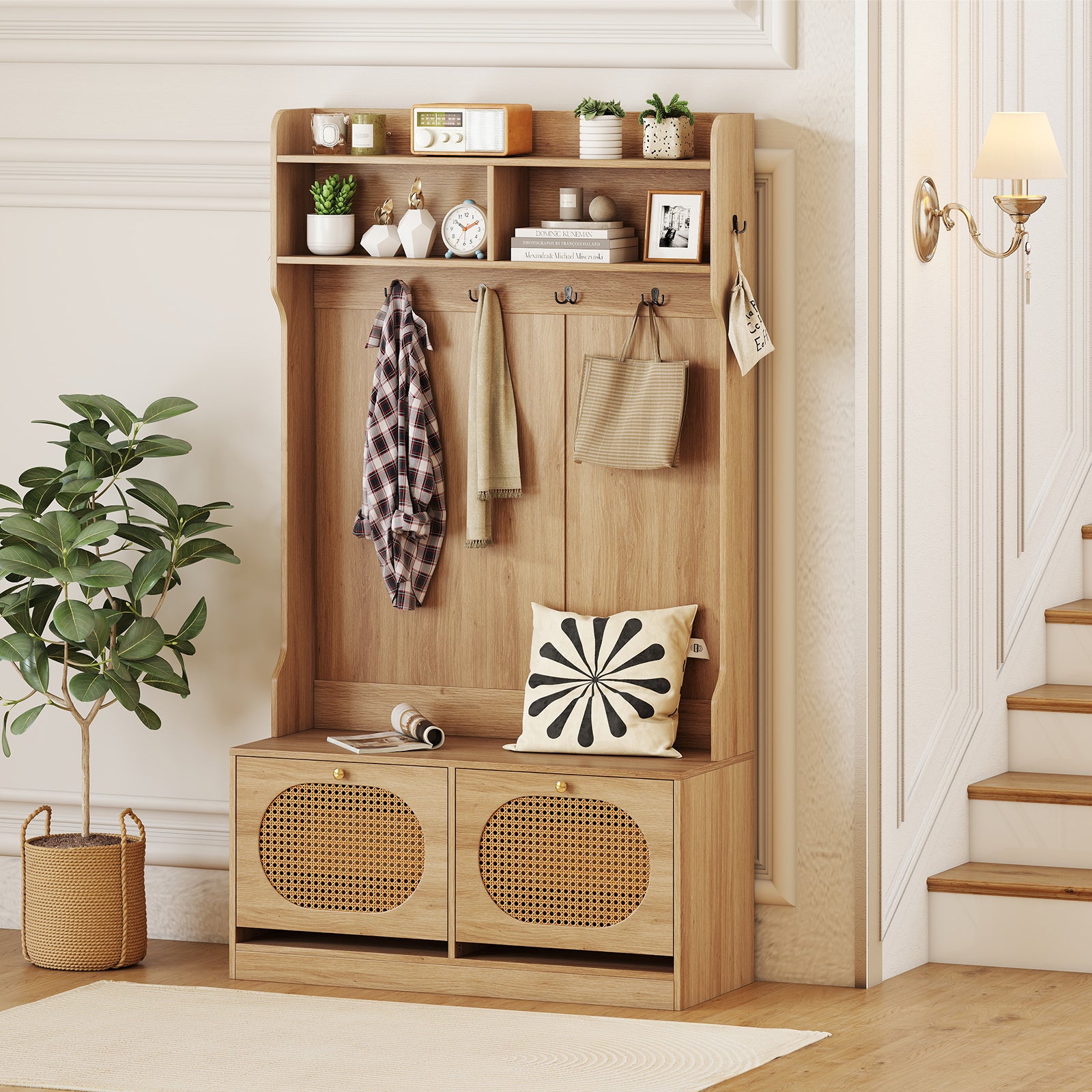 4-In-1 Hall Tree with Coat Rack and Flip Drawers for Entryway Mudroom, Natural Coat Racks & Hall Trees at Gallery Canada