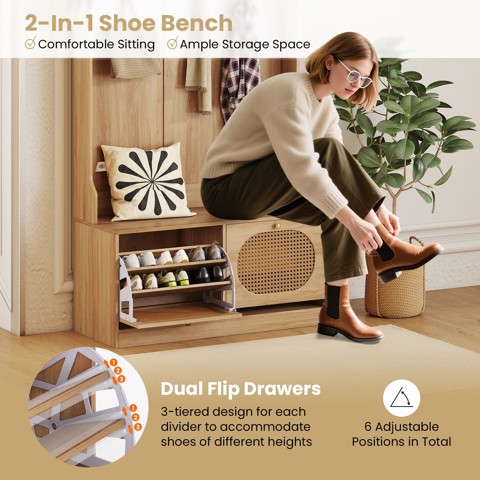 4-In-1 Hall Tree with Coat Rack and Flip Drawers for Entryway Mudroom, Natural Coat Racks & Hall Trees at Gallery Canada