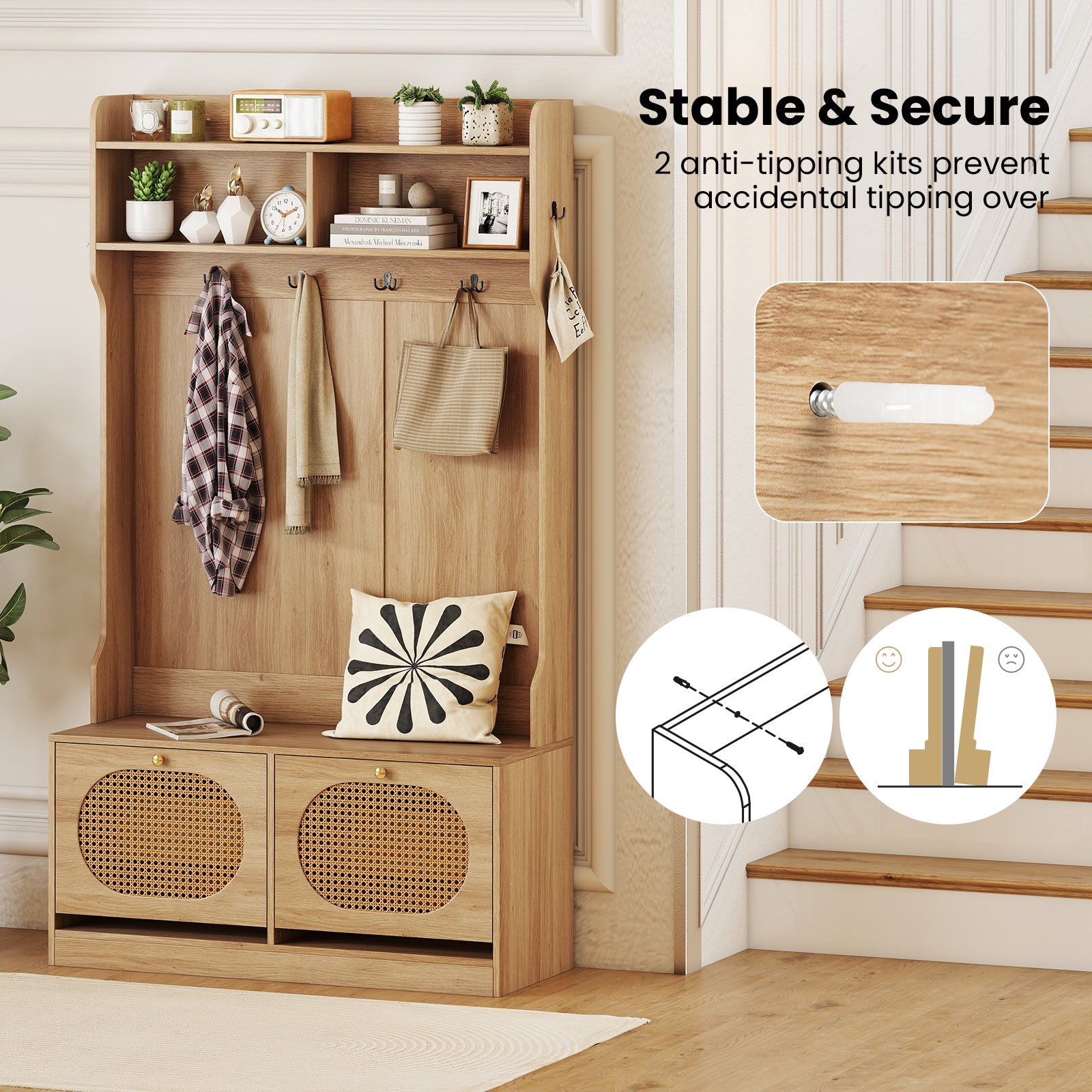 4-In-1 Hall Tree with Coat Rack and Flip Drawers for Entryway Mudroom, Natural Coat Racks & Hall Trees at Gallery Canada