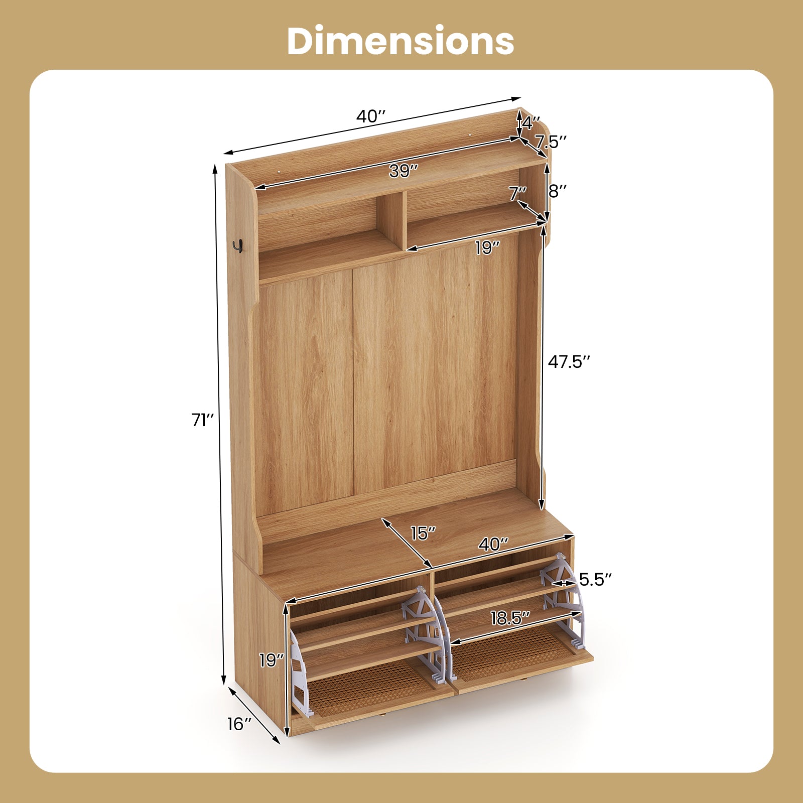 4-In-1 Hall Tree with Coat Rack and Flip Drawers for Entryway Mudroom, Natural Coat Racks & Hall Trees at Gallery Canada