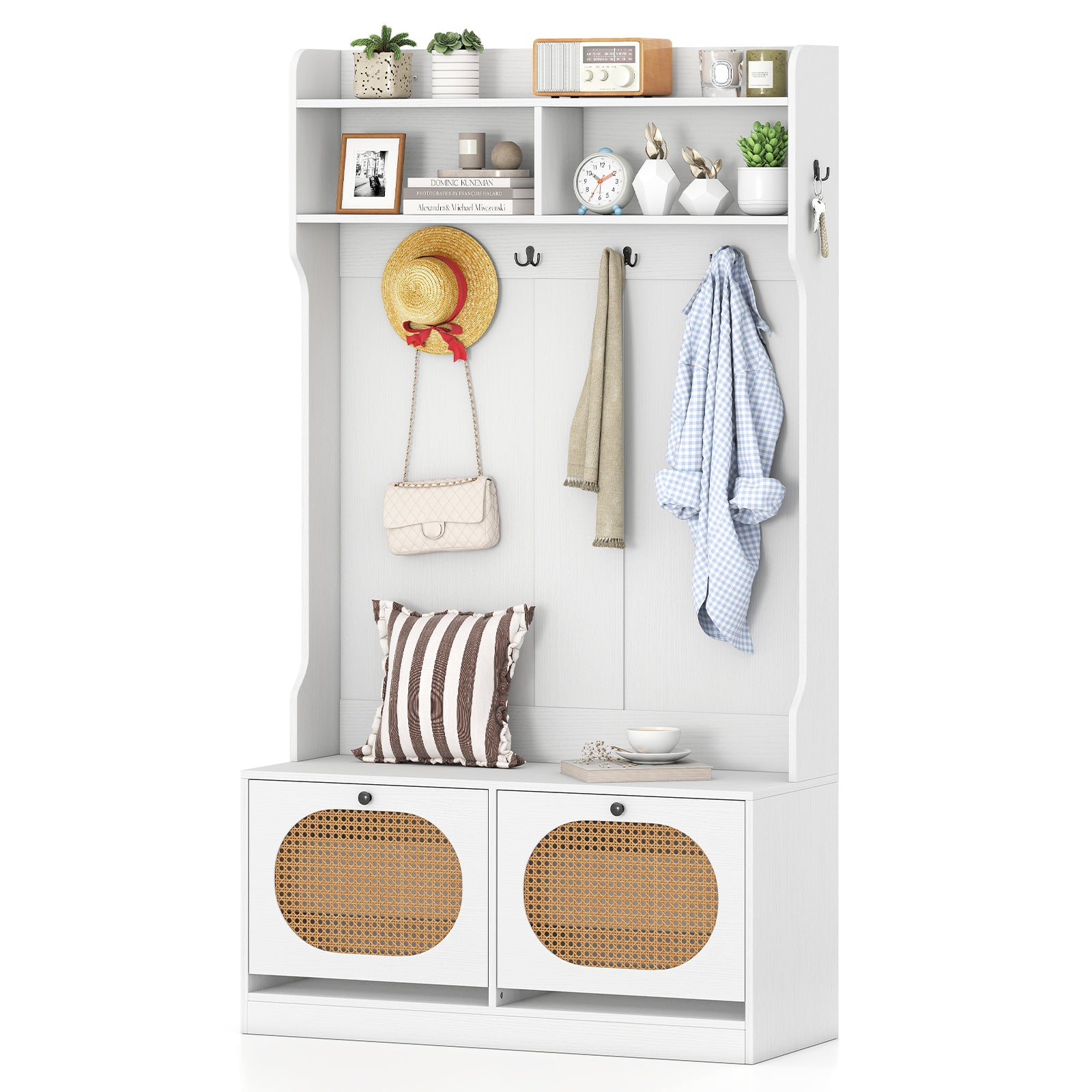 4-In-1 Hall Tree with Coat Rack and Flip Drawers for Entryway Mudroom, White Coat Racks & Hall Trees at Gallery Canada