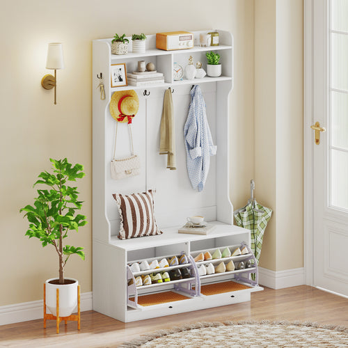 4-In-1 Hall Tree with Coat Rack and Flip Drawers for Entryway Mudroom, White