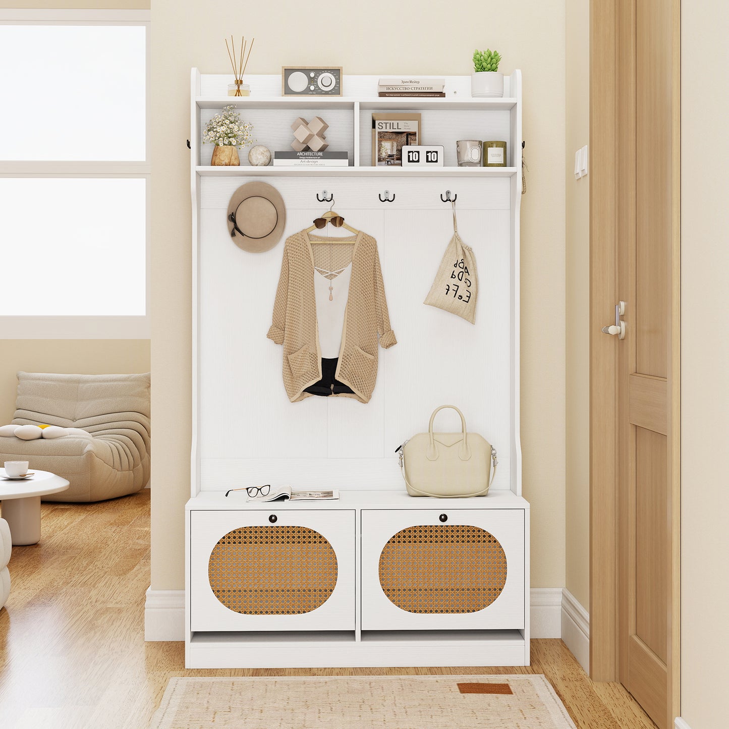 4-In-1 Hall Tree with Coat Rack and Flip Drawers for Entryway Mudroom, White Coat Racks & Hall Trees at Gallery Canada