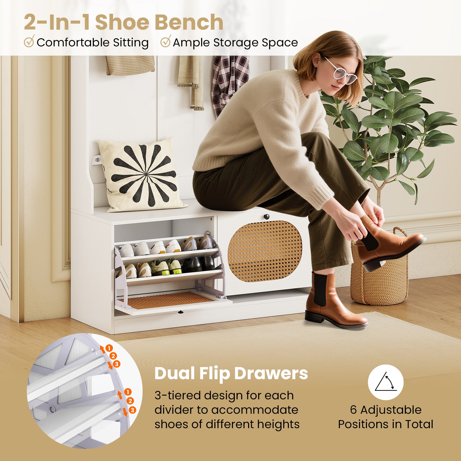 4-In-1 Hall Tree with Coat Rack and Flip Drawers for Entryway Mudroom, White Coat Racks & Hall Trees at Gallery Canada