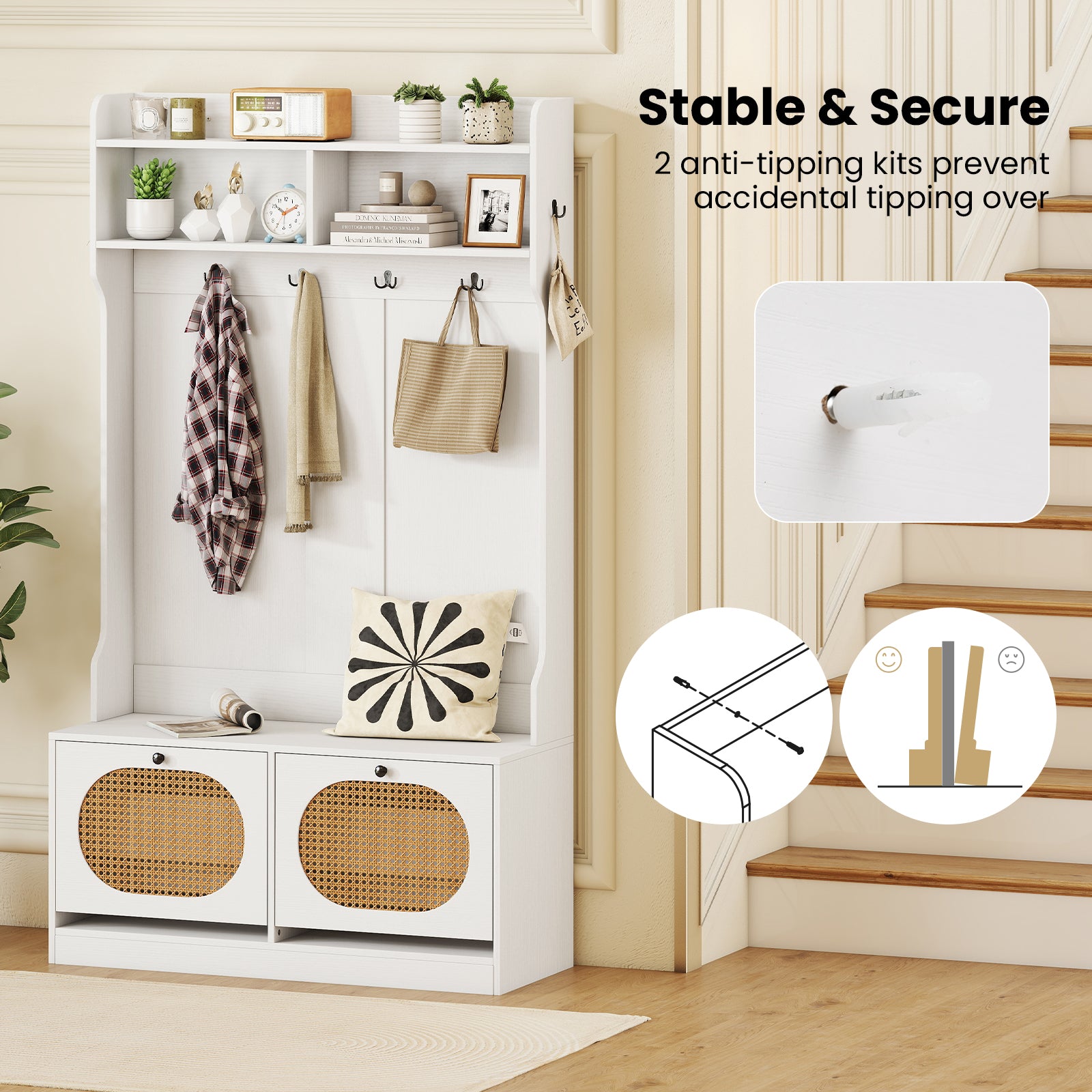 4-In-1 Hall Tree with Coat Rack and Flip Drawers for Entryway Mudroom, White Coat Racks & Hall Trees at Gallery Canada