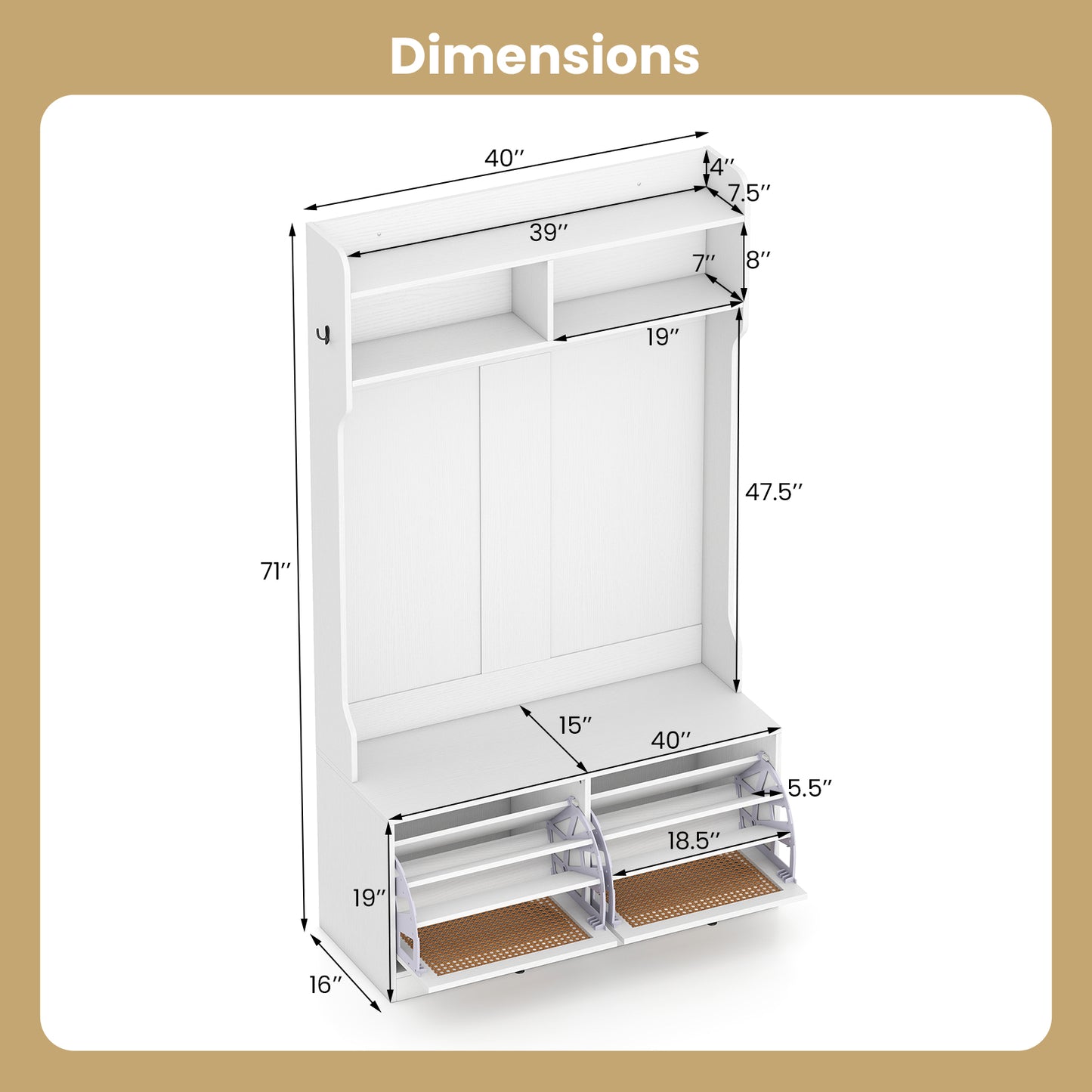 4-In-1 Hall Tree with Coat Rack and Flip Drawers for Entryway Mudroom, White Coat Racks & Hall Trees at Gallery Canada