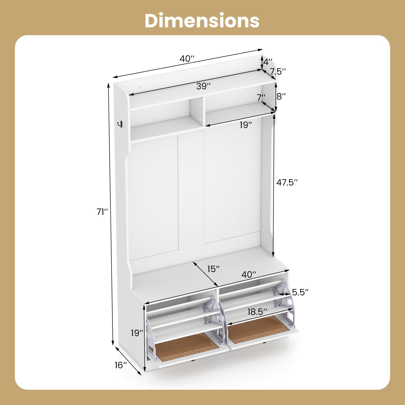 4-In-1 Hall Tree with Coat Rack and Flip Drawers for Entryway Mudroom, White Coat Racks & Hall Trees at Gallery Canada