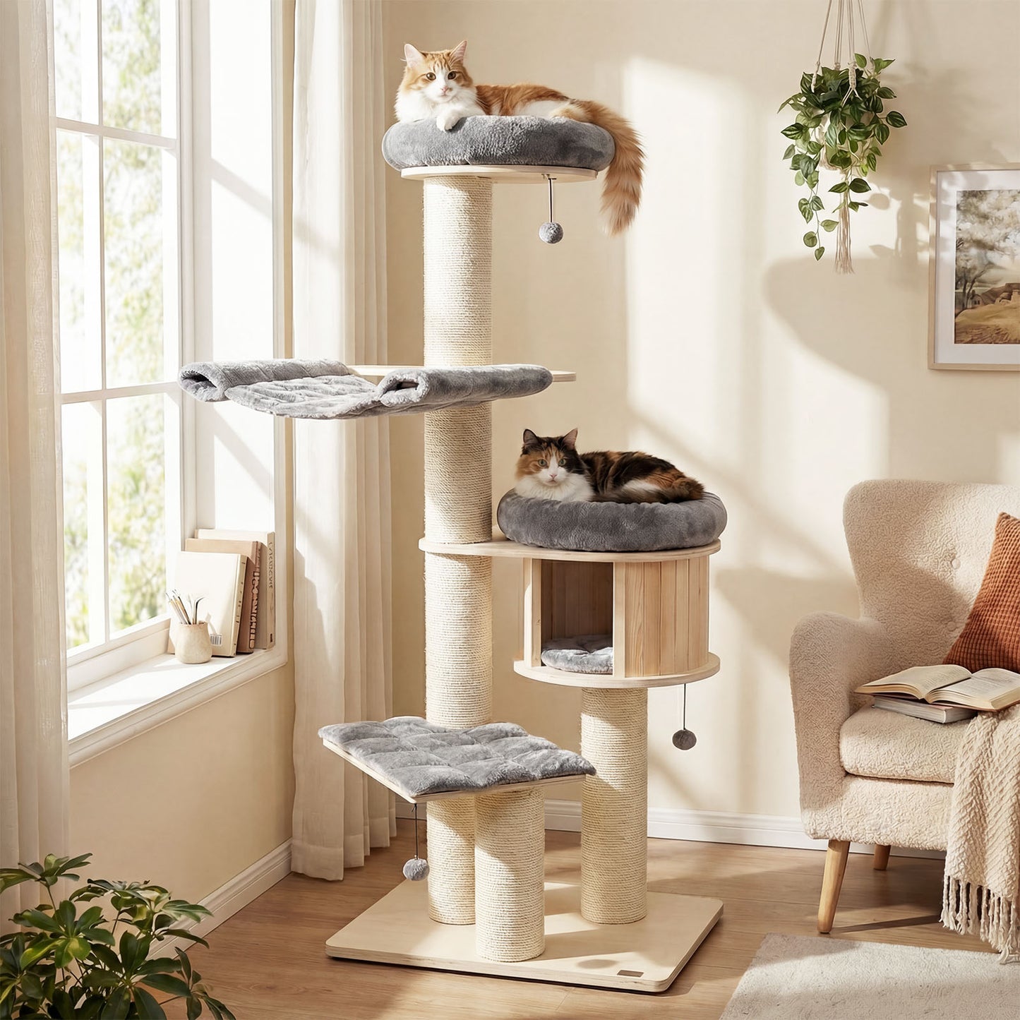 4-Layer 68.5-Inch Wooden Cat Tree, Sisal Posts, Gray Cat Trees Condos & Scratchers at Gallery Canada