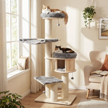 4-Layer 68.5-Inch Wooden Cat Tree, Sisal Posts, Gray Cat Trees Condos & Scratchers at Gallery Canada