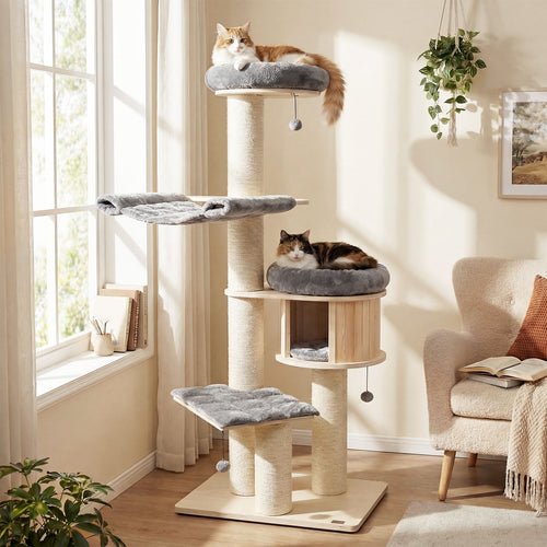 4-Layer 68.5-Inch Wooden Cat Tree, Sisal Posts, Gray