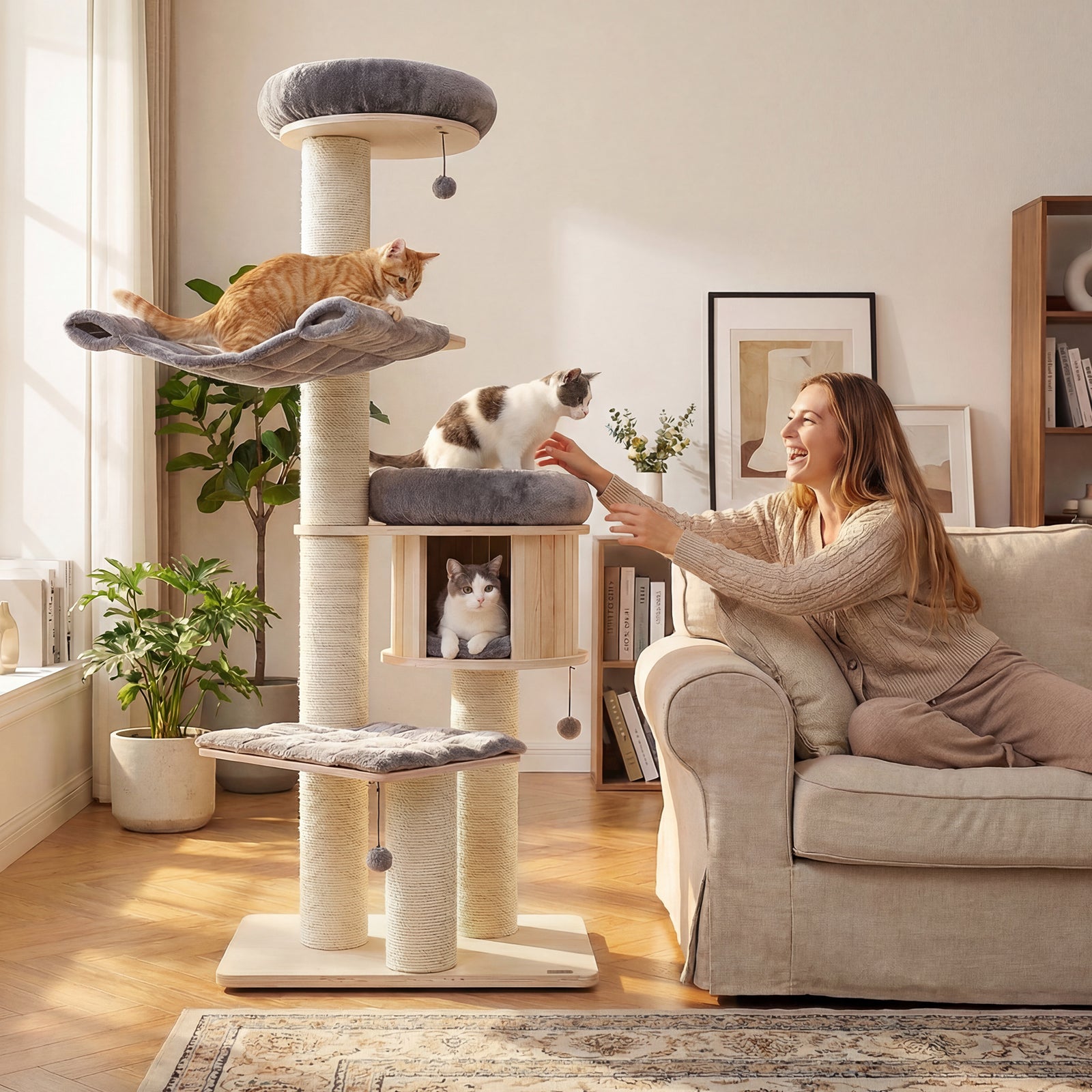 4-Layer 68.5-Inch Wooden Cat Tree, Sisal Posts, Gray Cat Trees Condos & Scratchers at Gallery Canada