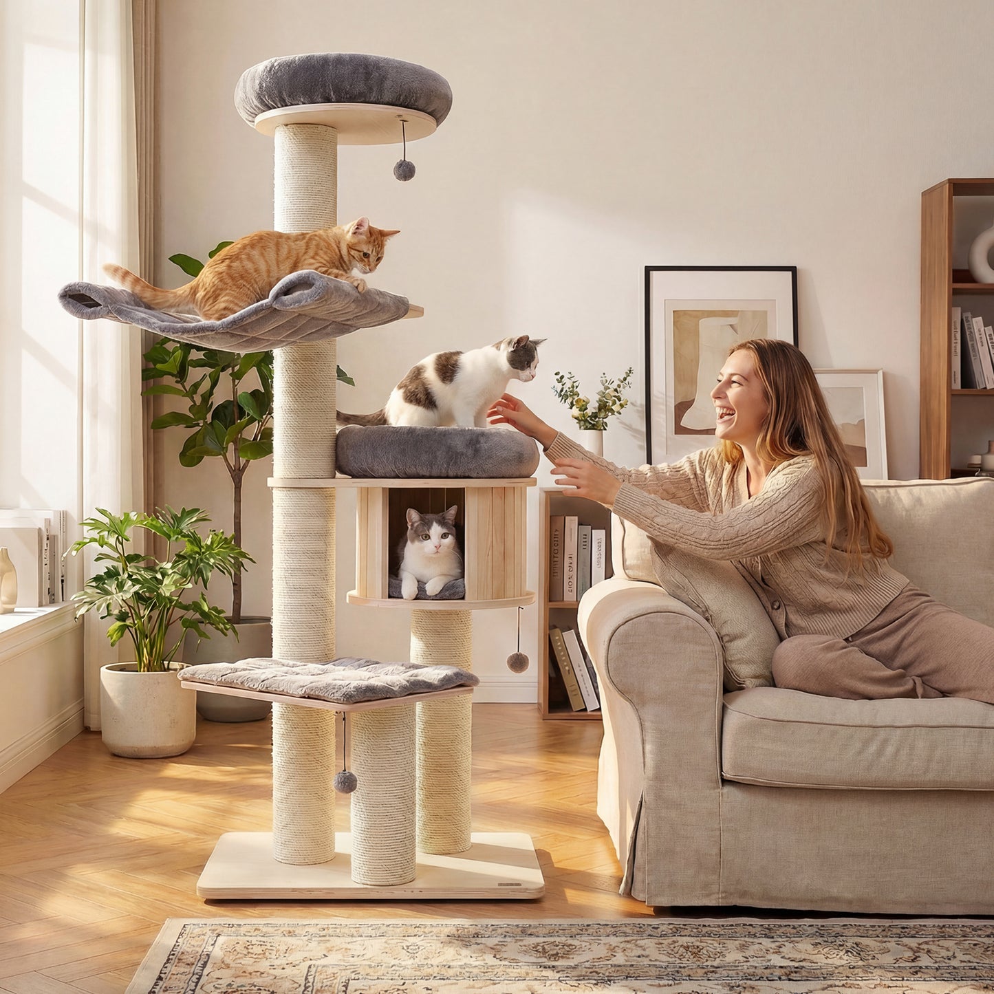 4-Layer 68.5-Inch Wooden Cat Tree, Sisal Posts, Gray Cat Trees Condos & Scratchers at Gallery Canada